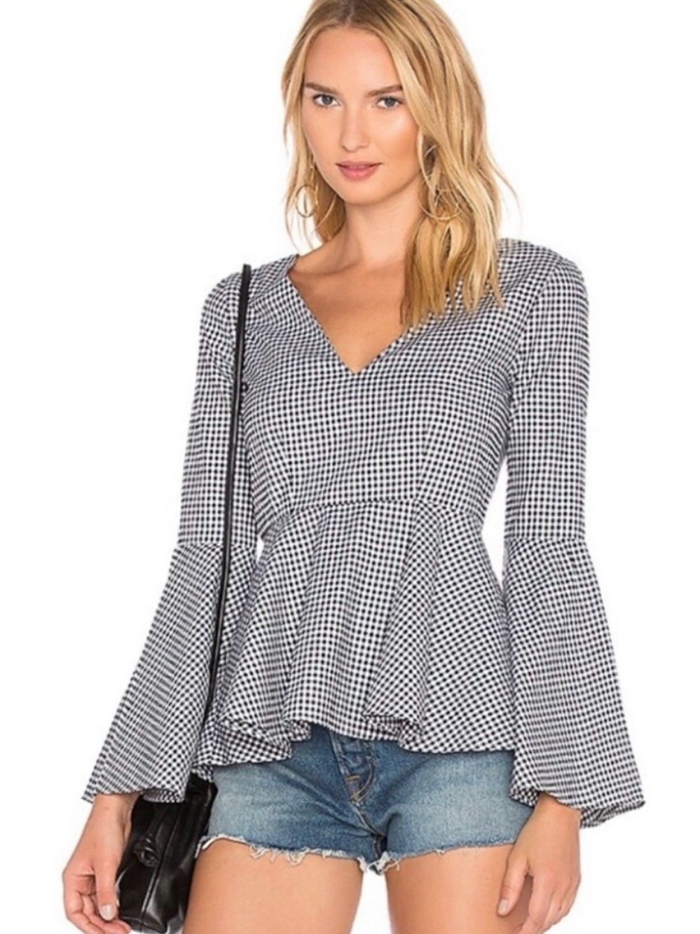 Revolve L'Academie Statement Top in Gingham Peplum Bell-Sleeve Size Small